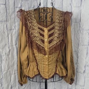 Victorian Style Lace Corset Blouse Brown Button Front Boho Top‎